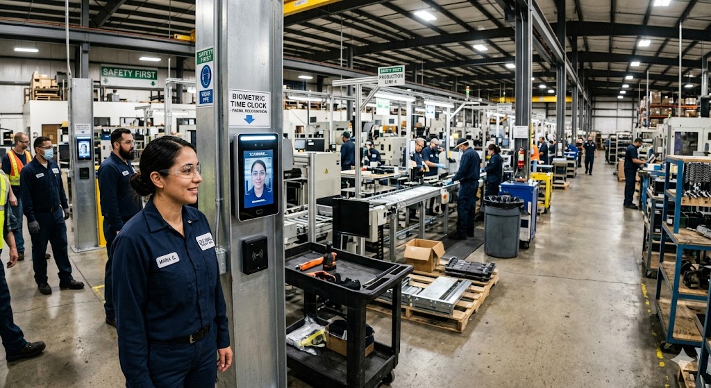 Operaria fichando con reconocimiento facial en planta industrial